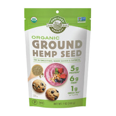 Manitoba Harvest Organic Ground Hemp Seeds in a 7oz jar showing protein and fiber benefits.
