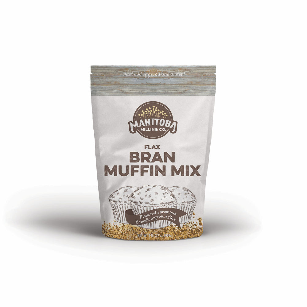 Manitoba Milling Flax Bran Muffin Mix front packaging highlighting fiber and protein