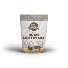 Manitoba Milling Flax Bran Muffin Mix front packaging highlighting fiber and protein