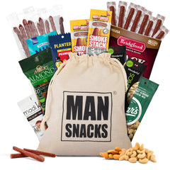 ManSnacks Deluxe Jerky & Nuts Gift Basket front view, perfect for gifting.