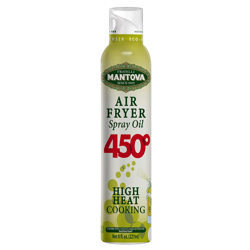 Mantova Air Fryer Spray bottle label highlights pure oil for clean, additive-free cooking.