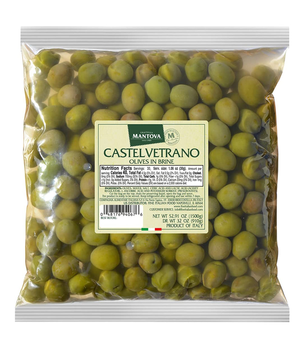Mantova Castelvetrano olives in mild brine, ready-to-eat for a heart-healthy snack.