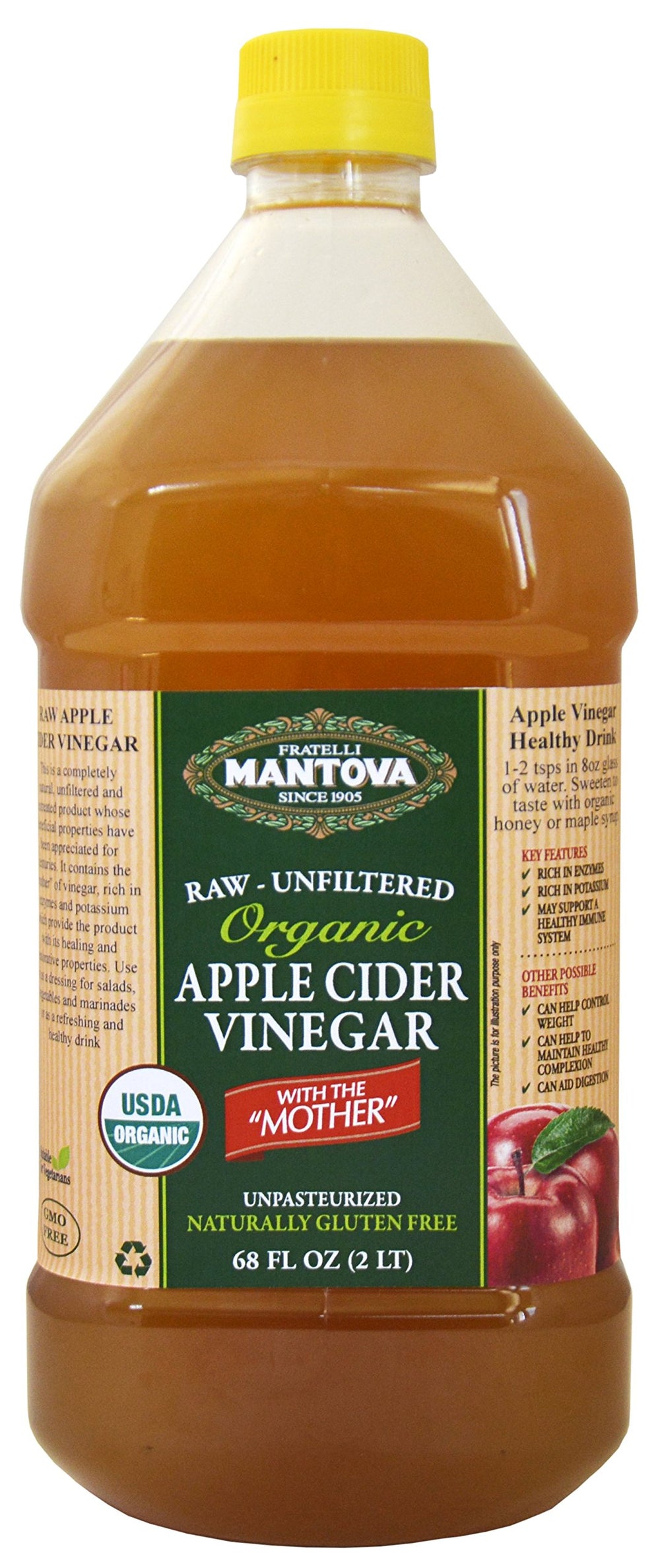 Mantova Organic Apple Cider Vinegar bottle with the mother, ideal for dressings and daily tonics.
