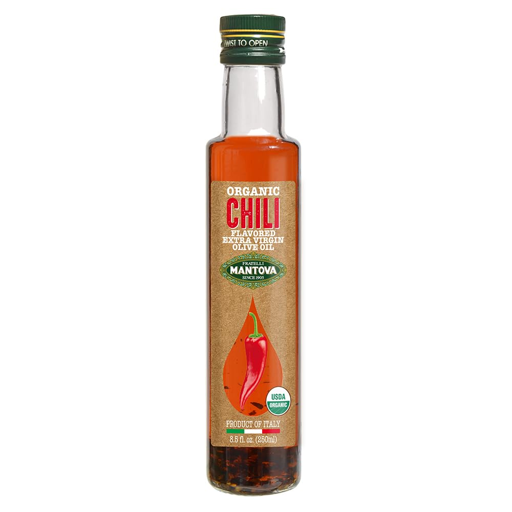Mantova Organic Chili Olive Oil bottle pour enhances flavor in any dish