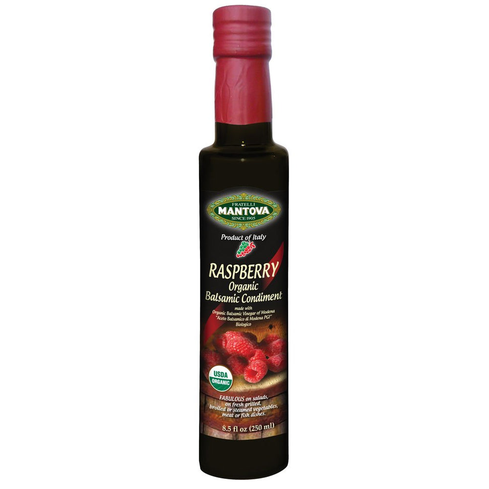 Mantova Organic Raspberry Balsamic Vinegar bottle shows rich color ideal for dressings.