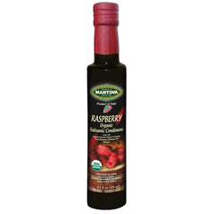 Mantova Organic Raspberry Balsamic Vinegar bottle shows rich color ideal for dressings.