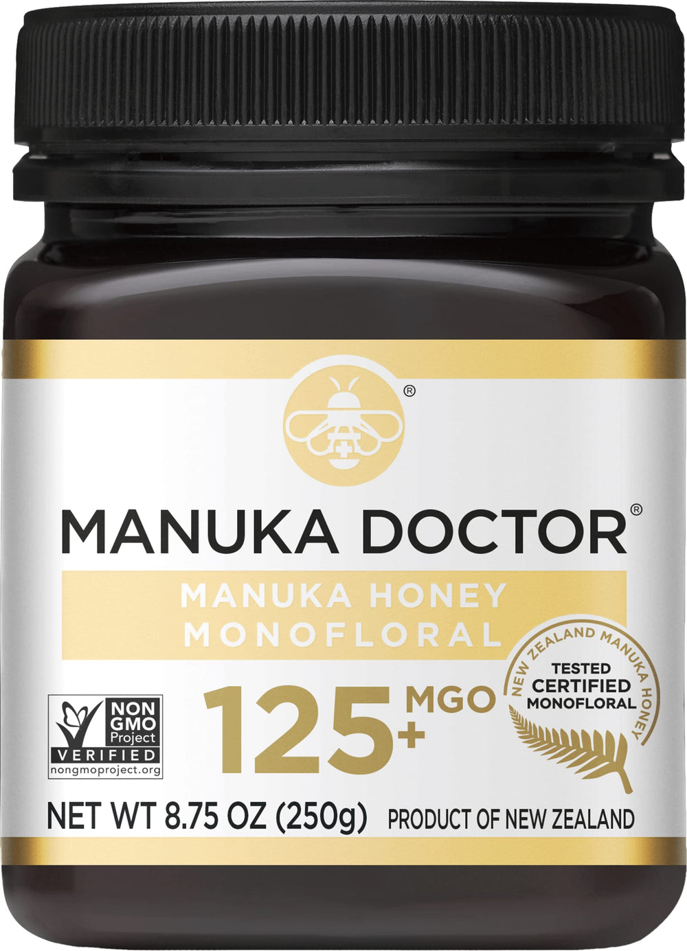 Manuka Doctor honey bottle close-up with rich amber color for tea and toast