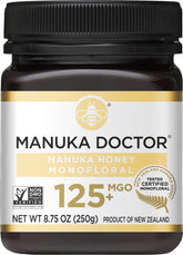Manuka Doctor honey bottle close-up with rich amber color for tea and toast