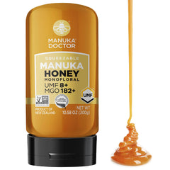 Manuka Doctor honey squeezy bottle showing mess-free dispensing for daily use