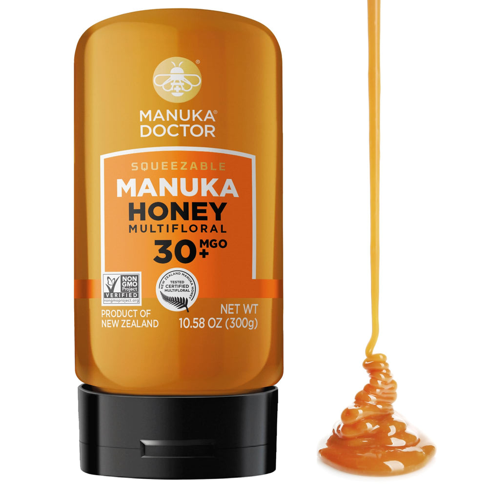 Manuka Doctor MGO 30+ squeezy bottle front for mess-free everyday honey