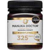 Manuka Doctor MGO 325+ monofloral honey jar, thick and creamy for spreading.