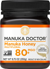 Manuka Doctor MGO 80+ multifloral honey bottle front for everyday sweetness.