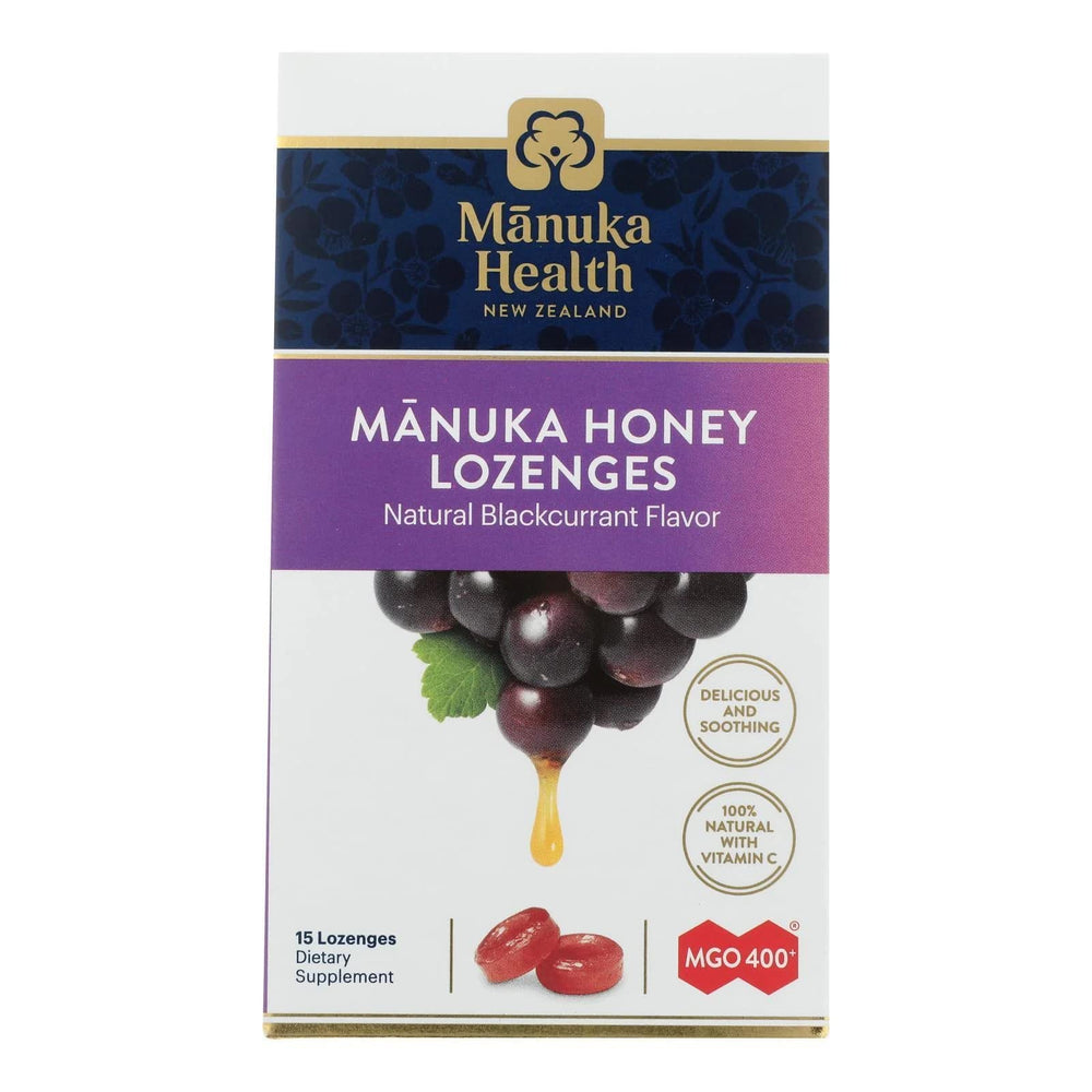 Manuka Health blackcurrant lozenges pack with MGO honey and vitamin C for natural soothing