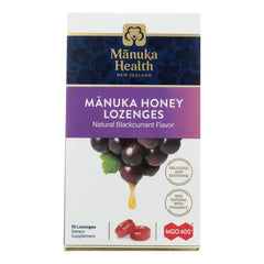 Manuka Health blackcurrant lozenges pack with MGO honey and vitamin C for natural soothing