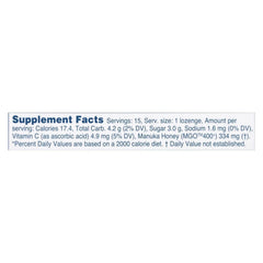 Manuka Health lozenges bottle closeup showing natural ingredients and fruity flavor