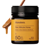 Manukora raw Manuka honey MGO 50+ bottle close-up, creamy texture for daily use