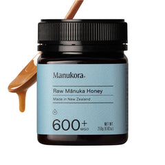 Manukora Raw Manuka Honey MGO 600+ bottle close-up for immune health support.