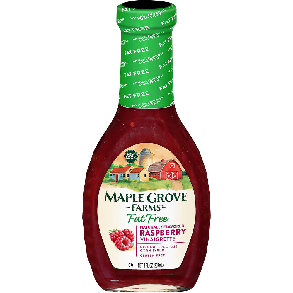 Maple Grove Farms fat-free raspberry dressing bottle shows a light, flavorful salad option.