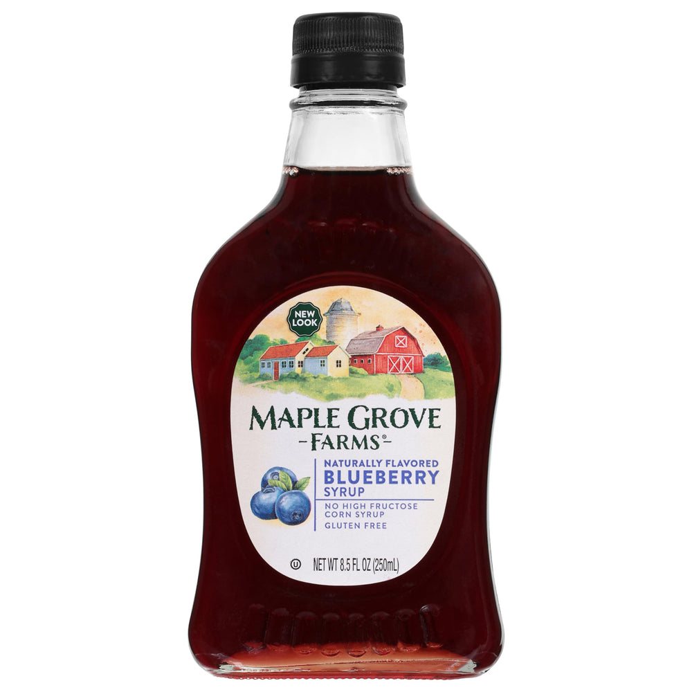 Maple Grove Farms blueberry syrup bottle pour over pancakes for a fruity, flavorful breakfast