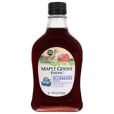 Maple Grove Farms blueberry syrup bottle pour over pancakes for a fruity, flavorful breakfast