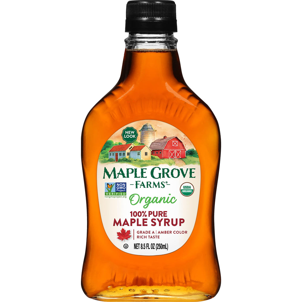 Maple Grove Farms Organic Pure Maple Syrup amber bottle pour shows rich flavor.