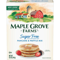 Maple Grove Farms pancake mix bag showcasing sugar-free formula for light breakfasts.