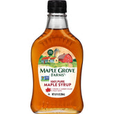 Maple Grove Farms Pure Maple Syrup bottle for pancake topping.