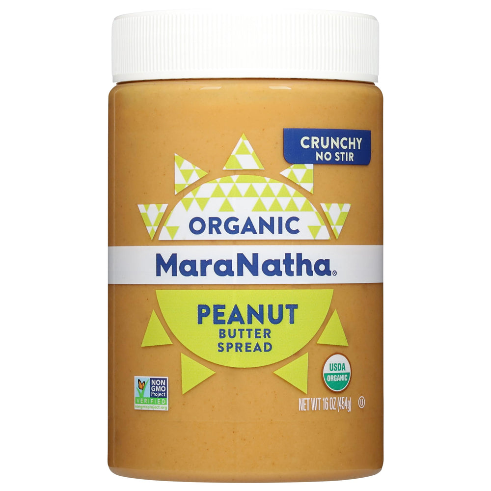Maranatha Organic Crunchy Peanut Butter jar front ready to spread