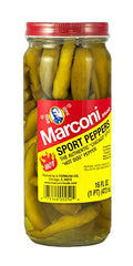 Marconi Hot Sport Peppers 16 oz bottle front view, flavorful heat for hot dogs