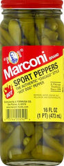 Marconi Hot Sport Peppers jar closeup with brine, ideal topping on pizza