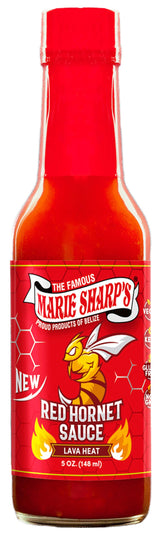 Marie Sharp's Red Hornet hot sauce bottle highlights intense heat for bold meals