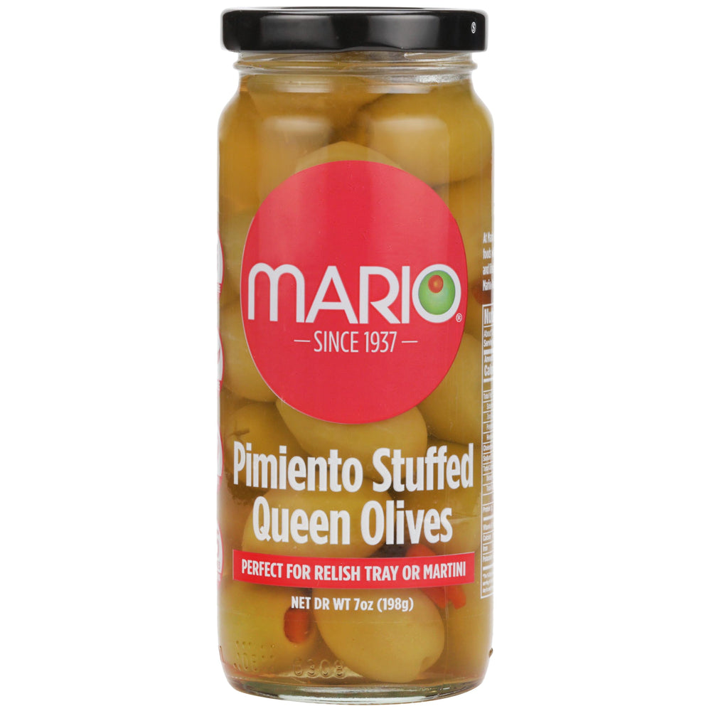 Mario Camacho Queen Olives stuffed with minced pimiento in a jar, ideal for quick snacking.