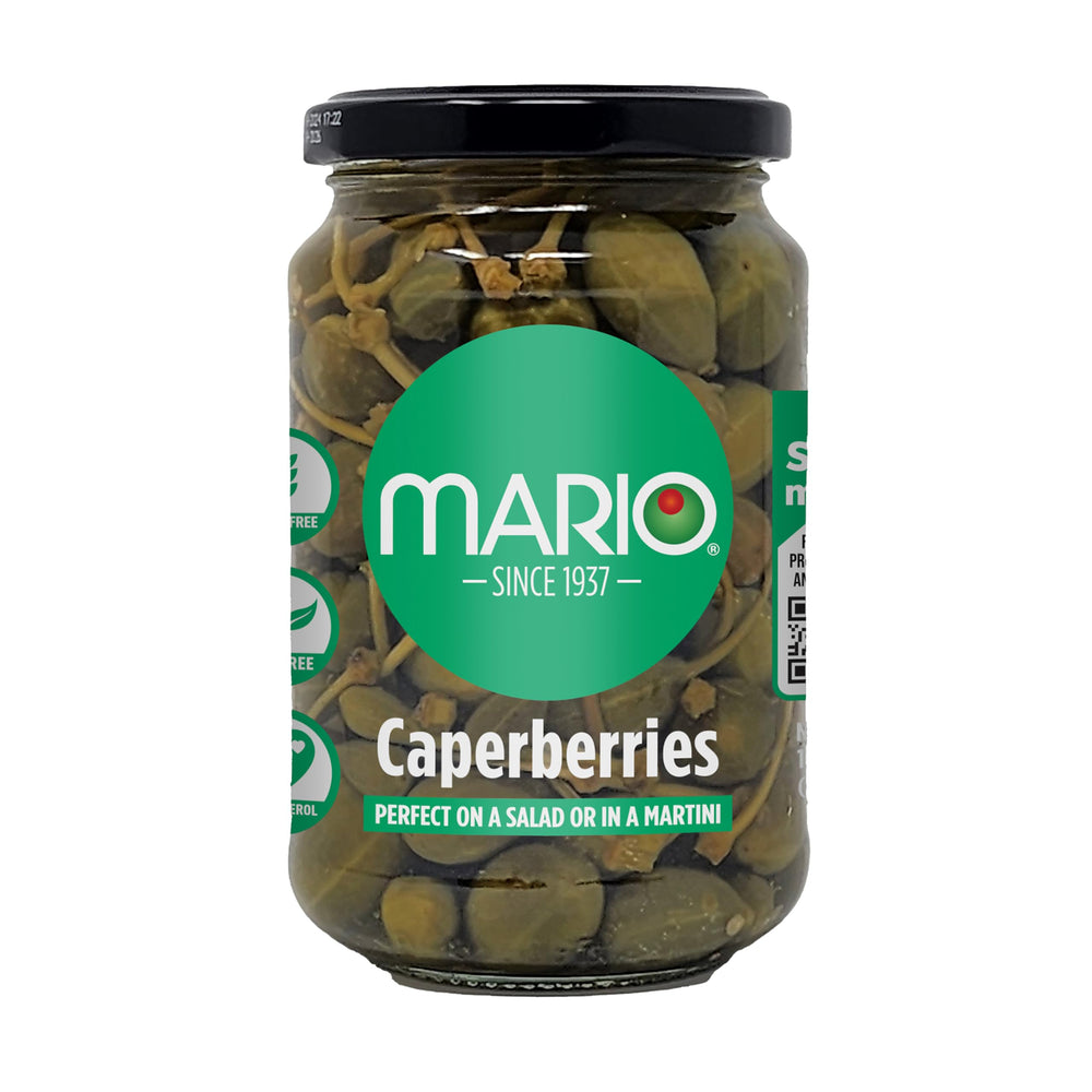Mario Caperberries jar closeup, crisp texture and briny finish for garnishes.
