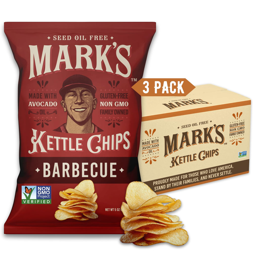 Mark's Kettle Cooked BBQ chips in bag with smoky flavor promise.