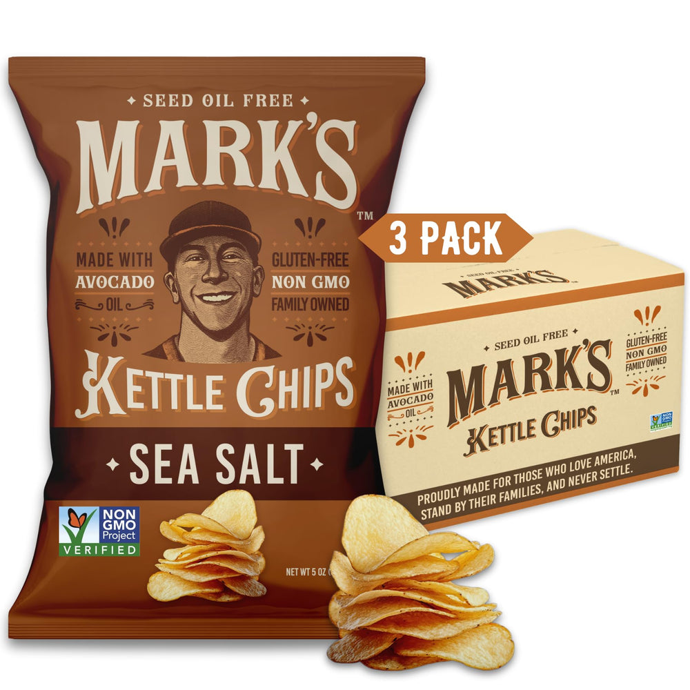 Mark's Kettle Cooked Avocado Oil Chips sea salt bag close-up shows crisp texture and clean flavor
