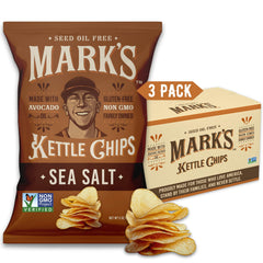 Mark's Kettle Cooked Avocado Oil Chips sea salt bag close-up shows crisp texture and clean flavor