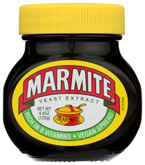 Marmite yeast extract 4-oz jar on toast adding savory depth.