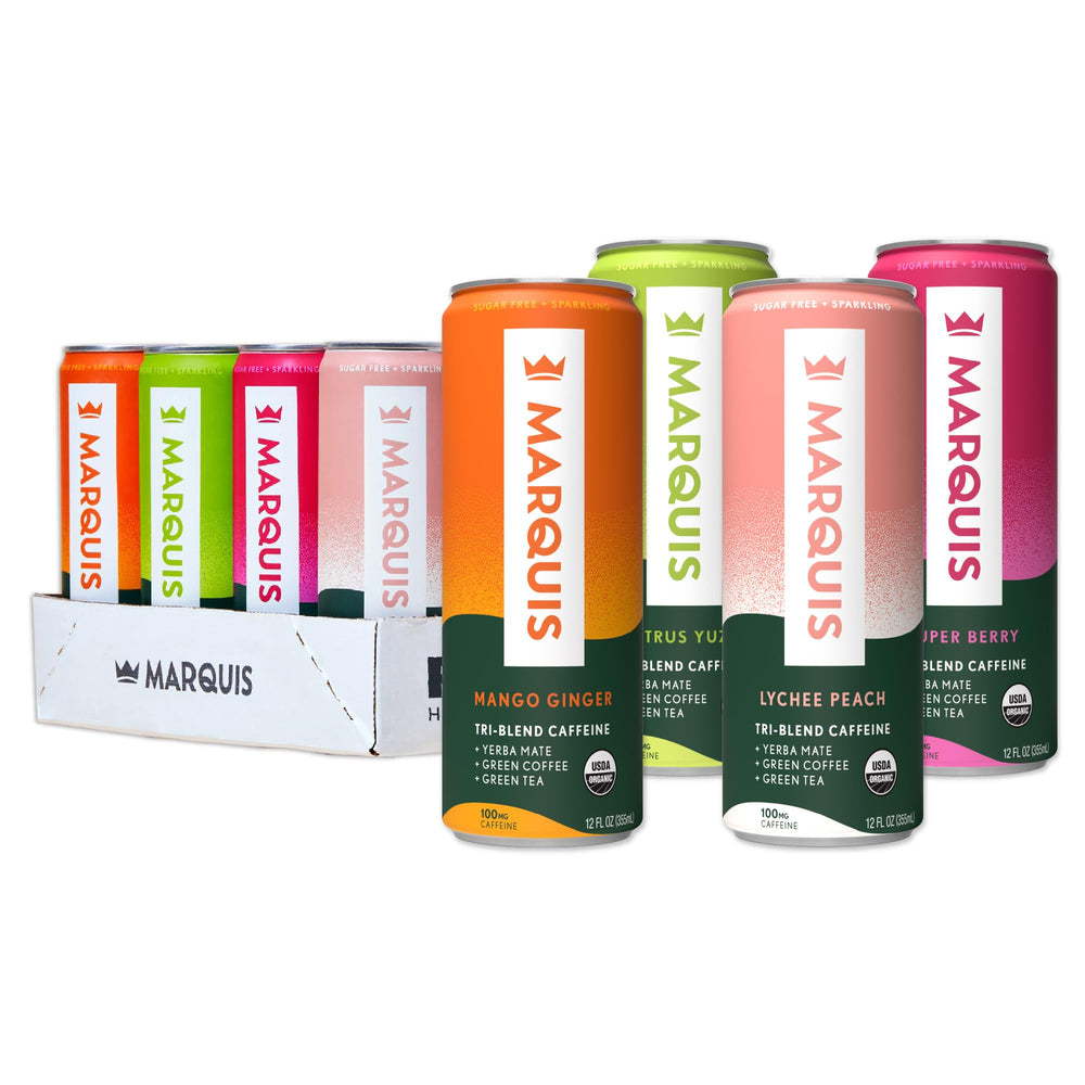 Marquis lychee peach bottle offers a refreshing sugar-free energy boost.