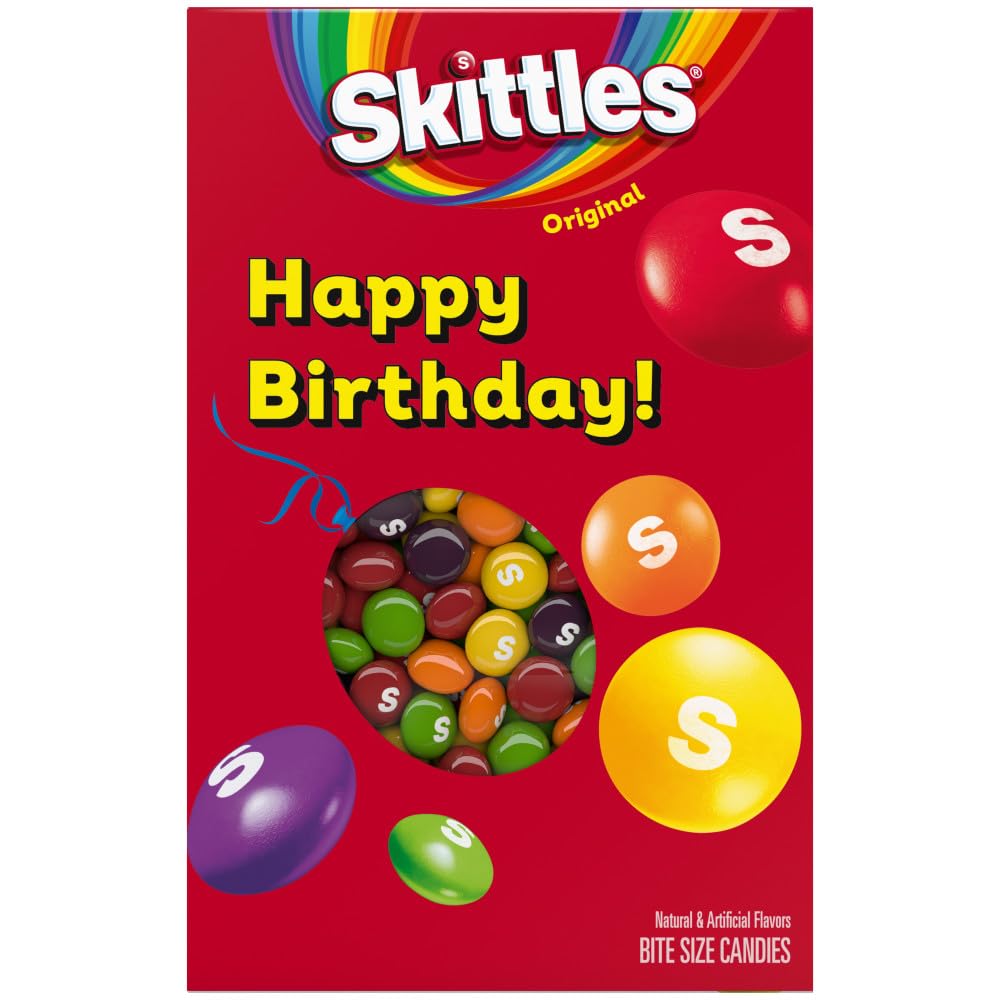 Mars SKITTLES Original Chewy Candy Gift Box front with festive birthday packaging