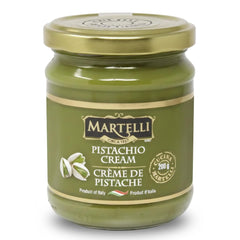 Martelli Pistachio Cream jar with glossy surface, ideal for spreading on bread.