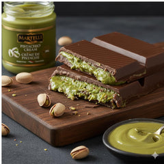 Martelli Pistachio Cream spread on toast, showcasing creamy consistency.