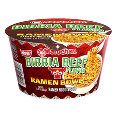 Maruchan Birria Beef ramen bowl close-up showing rich broth for quick comfort
