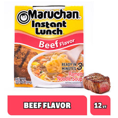 Beef noodles steaming in a Maruchan Instant Lunch cup ideal for on the go snacking.