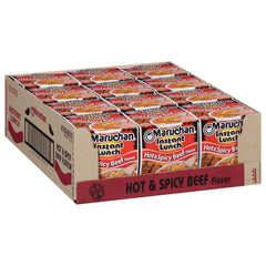 Maruchan Instant Lunch hot-spicy beef cup with steaming noodles for quick meals on the go.