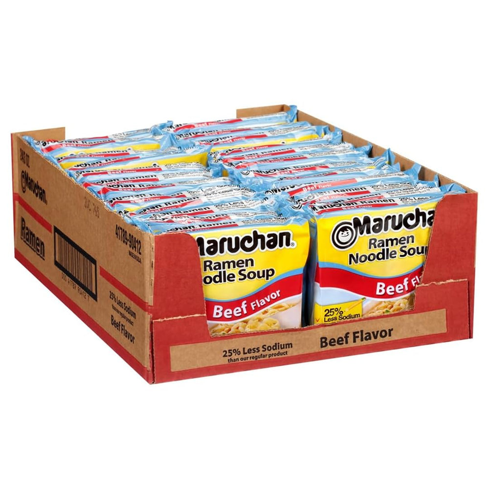 Maruchan Less Sodium Beef Ramen 24-pack on shelf, quick meal option