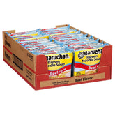 Maruchan Less Sodium Beef Ramen 24-pack on shelf, quick meal option