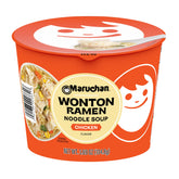 Maruchan Microwavable Wonton Bowl chicken flavor close view of wontons on noodles demonstrating a quick meal