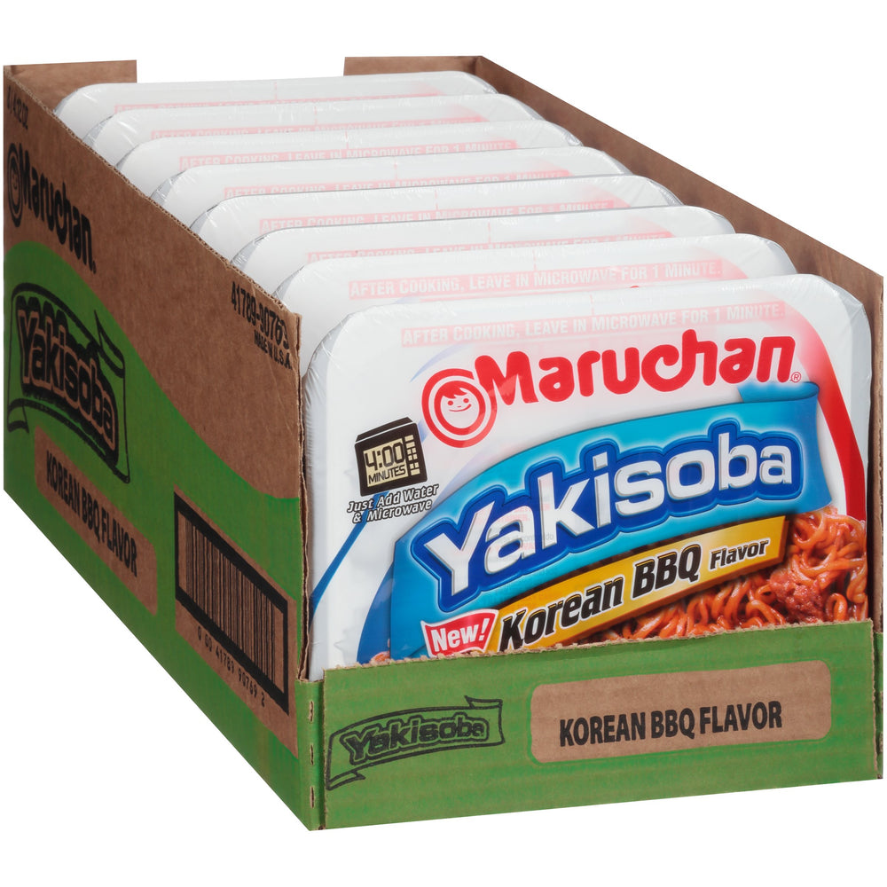 Maruchan Yakisoba Korean BBQ noodles in a microwave tray for a quick dinner.