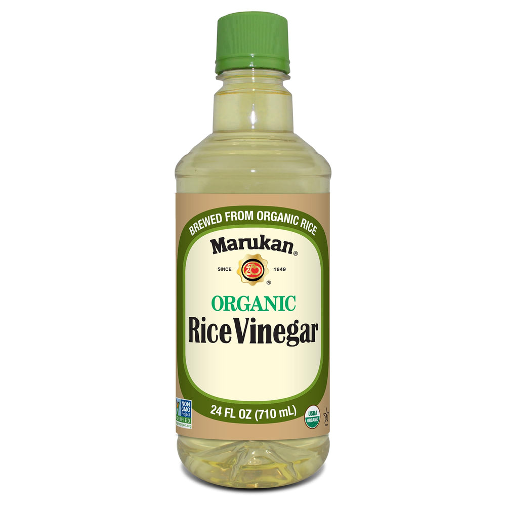 Marukan Organic Rice Vinegar bottle on shelf enhances sushi and marinades with clean flavor.