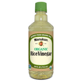 Marukan Organic Rice Vinegar bottle on shelf enhances sushi and marinades with clean flavor.
